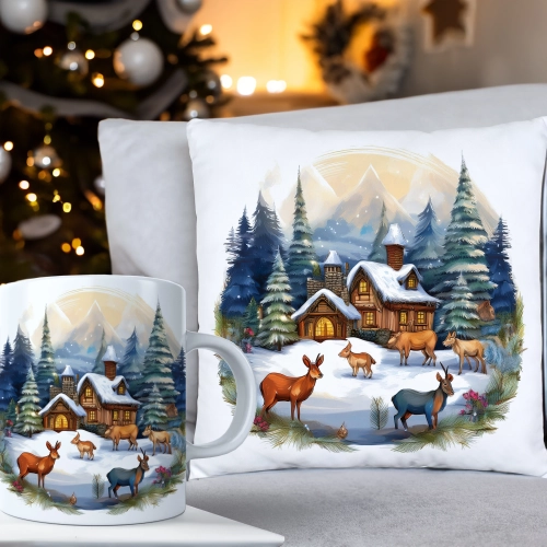 ŚWIĄTECZNY KOMPLET PODUSZKA 40x40 I KUBEK NA ŚWIĘTA MIKOŁAJ RENIFER PREZENT