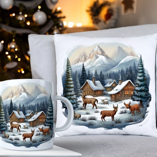 ŚWIĄTECZNY KOMPLET PODUSZKA 40x40 I KUBEK NA ŚWIĘTA MIKOŁAJ RENIFER PREZENT