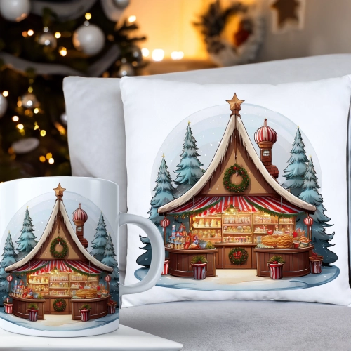 ŚWIĄTECZNY KOMPLET PODUSZKA 40x40 I KUBEK NA ŚWIĘTA MIKOŁAJ RENIFER PREZENT