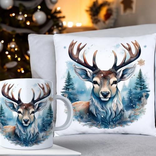 ŚWIĄTECZNY KOMPLET PODUSZKA 40x40 I KUBEK NA ŚWIĘTA MIKOŁAJ RENIFER PREZENT