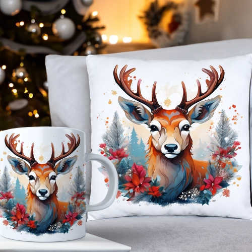 ŚWIĄTECZNY KOMPLET PODUSZKA 40x40 I KUBEK NA ŚWIĘTA MIKOŁAJ RENIFER PREZENT