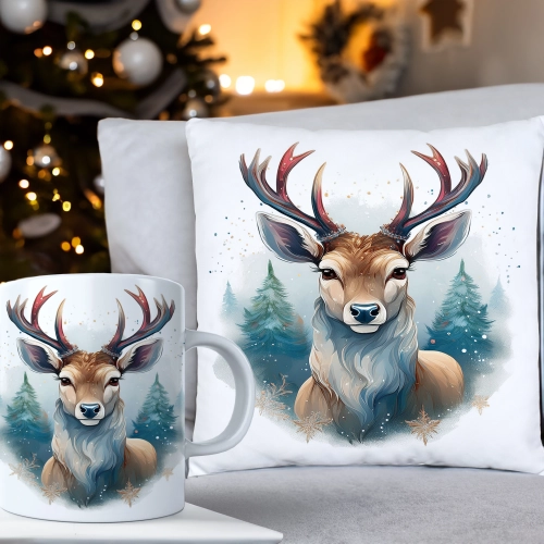 ŚWIĄTECZNY KOMPLET PODUSZKA 40x40 I KUBEK NA ŚWIĘTA MIKOŁAJ RENIFER PREZENT