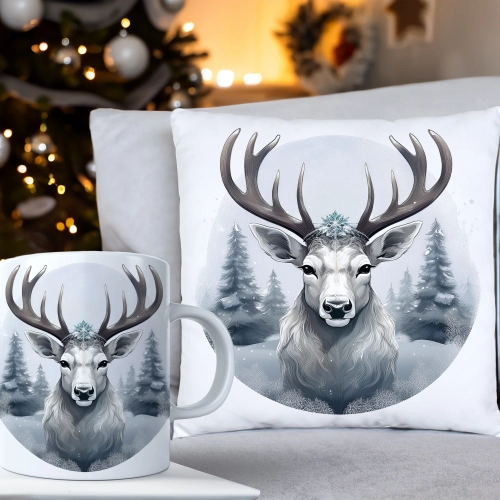 ŚWIĄTECZNY KOMPLET PODUSZKA 40x40 I KUBEK NA ŚWIĘTA MIKOŁAJ RENIFER PREZENT