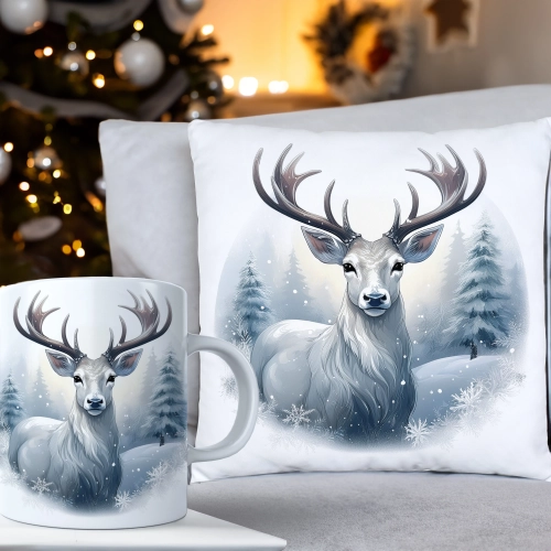 ŚWIĄTECZNY KOMPLET PODUSZKA 40x40 I KUBEK NA ŚWIĘTA MIKOŁAJ RENIFER PREZENT