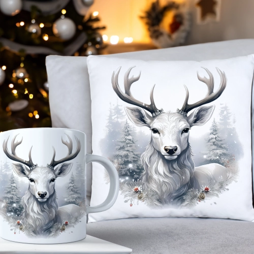 ŚWIĄTECZNY KOMPLET PODUSZKA 40x40 I KUBEK NA ŚWIĘTA MIKOŁAJ RENIFER PREZENT