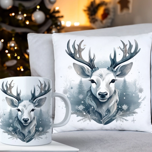 ŚWIĄTECZNY KOMPLET PODUSZKA 40x40 I KUBEK NA ŚWIĘTA MIKOŁAJ RENIFER PREZENT