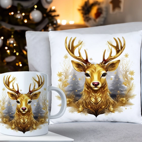 ŚWIĄTECZNY KOMPLET PODUSZKA 40x40 I KUBEK NA ŚWIĘTA MIKOŁAJ RENIFER PREZENT