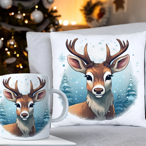 ŚWIĄTECZNY KOMPLET PODUSZKA 40x40 I KUBEK NA ŚWIĘTA MIKOŁAJ RENIFER PREZENT