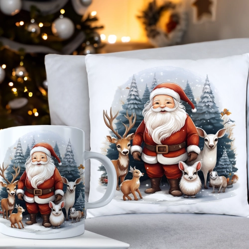 ŚWIĄTECZNY KOMPLET PODUSZKA 40x40 I KUBEK NA ŚWIĘTA MIKOŁAJ RENIFER PREZENT