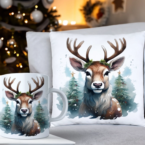 ŚWIĄTECZNY KOMPLET PODUSZKA 40x40 I KUBEK NA ŚWIĘTA MIKOŁAJ RENIFER PREZENT