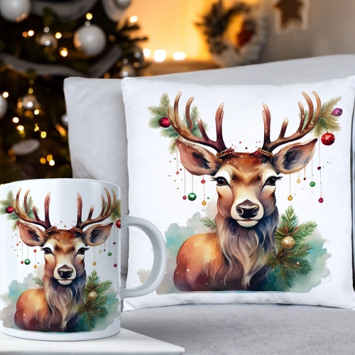 ŚWIĄTECZNY KOMPLET PODUSZKA 40x40 I KUBEK NA ŚWIĘTA MIKOŁAJ RENIFER PREZENT