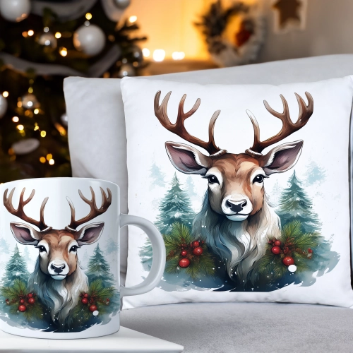 ŚWIĄTECZNY KOMPLET PODUSZKA 40x40 I KUBEK NA ŚWIĘTA MIKOŁAJ RENIFER PREZENT