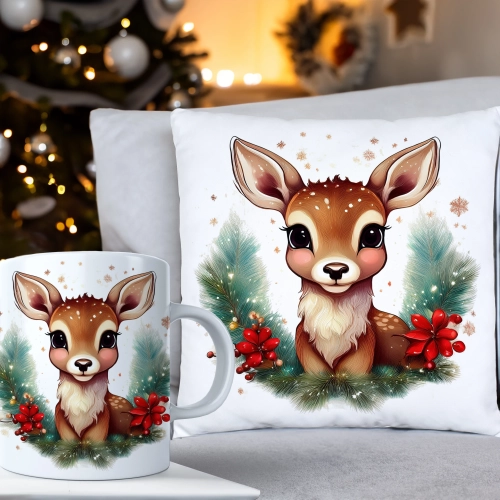ŚWIĄTECZNY KOMPLET PODUSZKA 40x40 I KUBEK NA ŚWIĘTA MIKOŁAJ RENIFER PREZENT