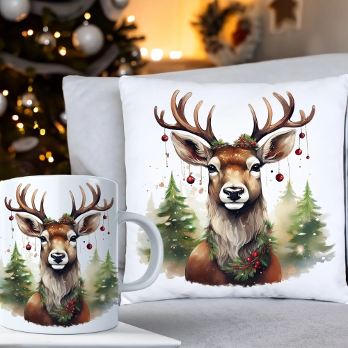 ŚWIĄTECZNY KOMPLET PODUSZKA 40x40 I KUBEK NA ŚWIĘTA MIKOŁAJ RENIFER PREZENT