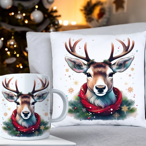 ŚWIĄTECZNY KOMPLET PODUSZKA 40x40 I KUBEK NA ŚWIĘTA MIKOŁAJ RENIFER PREZENT
