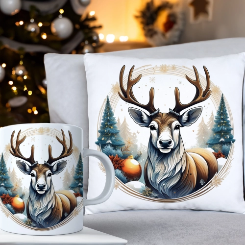 ŚWIĄTECZNY KOMPLET PODUSZKA 40x40 I KUBEK NA ŚWIĘTA MIKOŁAJ RENIFER PREZENT