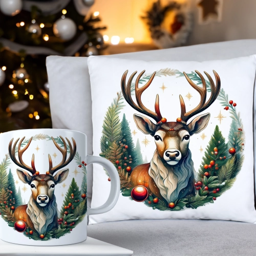 ŚWIĄTECZNY KOMPLET PODUSZKA 40x40 I KUBEK NA ŚWIĘTA MIKOŁAJ RENIFER PREZENT