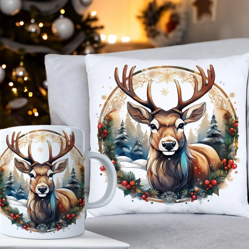 ŚWIĄTECZNY KOMPLET PODUSZKA 40x40 I KUBEK NA ŚWIĘTA MIKOŁAJ RENIFER PREZENT
