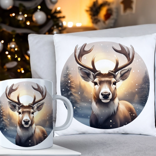 ŚWIĄTECZNY KOMPLET PODUSZKA 40x40 I KUBEK NA ŚWIĘTA MIKOŁAJ RENIFER PREZENT