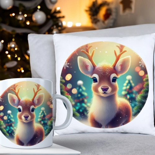 ŚWIĄTECZNY KOMPLET PODUSZKA 40x40 I KUBEK NA ŚWIĘTA MIKOŁAJ RENIFER PREZENT