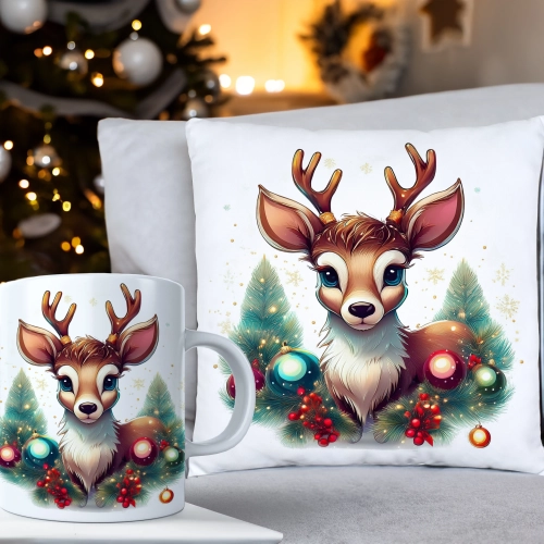 ŚWIĄTECZNY KOMPLET PODUSZKA 40x40 I KUBEK NA ŚWIĘTA MIKOŁAJ RENIFER PREZENT