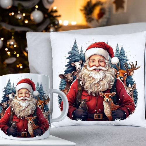 ŚWIĄTECZNY KOMPLET PODUSZKA 40x40 I KUBEK NA ŚWIĘTA MIKOŁAJ RENIFER PREZENT
