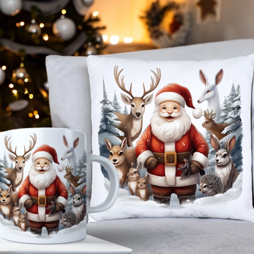 ŚWIĄTECZNY KOMPLET PODUSZKA 40x40 I KUBEK NA ŚWIĘTA MIKOŁAJ RENIFER PREZENT