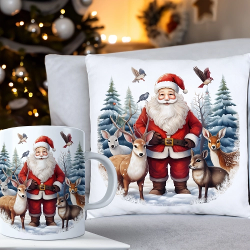 ŚWIĄTECZNY KOMPLET PODUSZKA 40x40 I KUBEK NA ŚWIĘTA MIKOŁAJ RENIFER PREZENT
