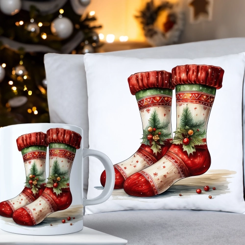 ŚWIĄTECZNY KOMPLET PODUSZKA 40x40 I KUBEK NA ŚWIĘTA MIKOŁAJ RENIFER PREZENT