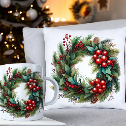 ŚWIĄTECZNY KOMPLET PODUSZKA 40x40 I KUBEK NA ŚWIĘTA MIKOŁAJ RENIFER PREZENT