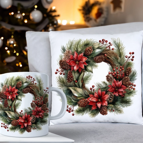 ŚWIĄTECZNY KOMPLET PODUSZKA 40x40 I KUBEK NA ŚWIĘTA MIKOŁAJ RENIFER PREZENT