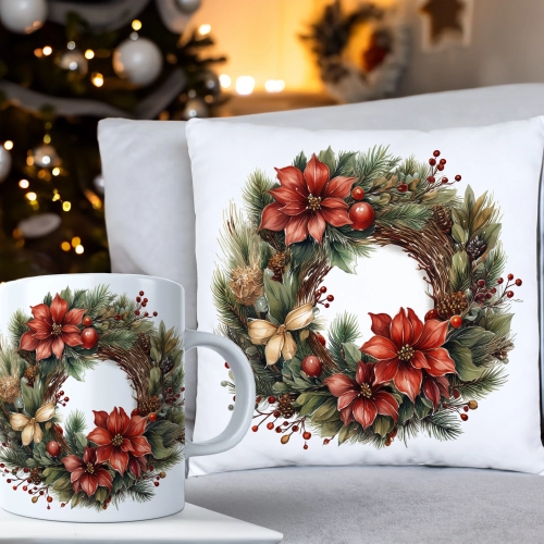 ŚWIĄTECZNY KOMPLET PODUSZKA 40x40 I KUBEK NA ŚWIĘTA MIKOŁAJ RENIFER PREZENT