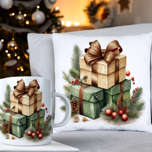 ŚWIĄTECZNY KOMPLET PODUSZKA 40x40 I KUBEK NA ŚWIĘTA MIKOŁAJ RENIFER PREZENT