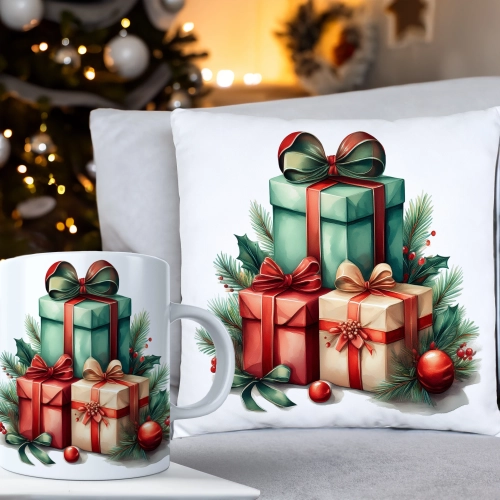 ŚWIĄTECZNY KOMPLET PODUSZKA 40x40 I KUBEK NA ŚWIĘTA MIKOŁAJ RENIFER PREZENT