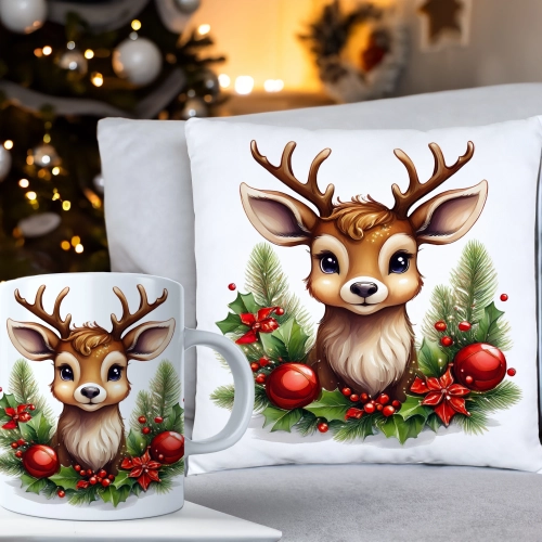 ŚWIĄTECZNY KOMPLET PODUSZKA 40x40 I KUBEK NA ŚWIĘTA MIKOŁAJ RENIFER PREZENT
