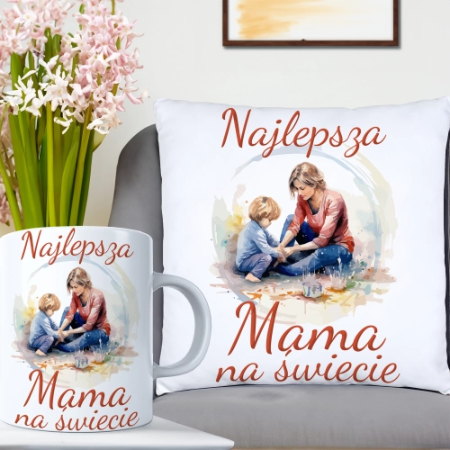 KOMPLET DLA MAMY PODUSZKA 40X40CM + KUBEK 330ml NA PREZENT DZIEŃ MATKI MAMA