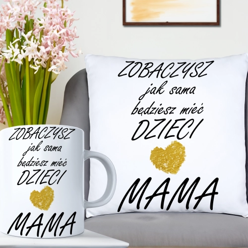 KOMPLET DLA MAMY PODUSZKA 40X40CM + KUBEK 330ml NA PREZENT DZIEŃ MATKI MAMA