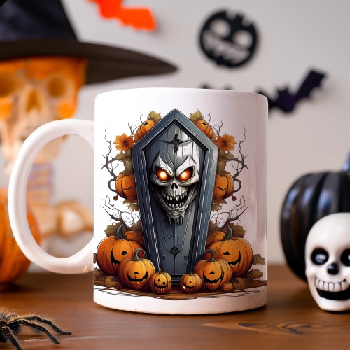 HALLOWEENOWY KUBEK 330ml NA HERBATĘ KAWĘ NA PREZENT TRUMNA DYNIE STRASZNE