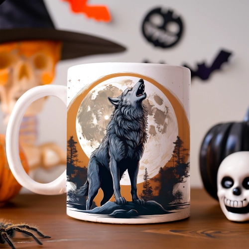 HALLOWEENOWY KUBEK 330ml NA HERBATĘ KAWĘ NA PREZENT WILK KSIĘŻYC