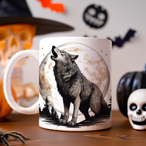 HALLOWEENOWY KUBEK 330ml NA HERBATĘ KAWĘ NA PREZENT WILK KSIĘŻYC