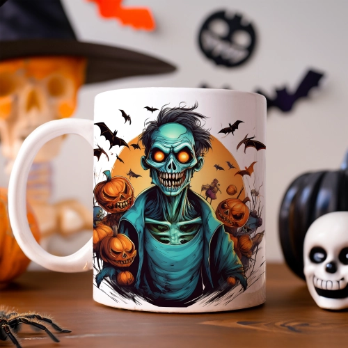 HALLOWEENOWY KUBEK 330ml NA HERBATĘ KAWĘ NA PREZENT STRACH NA WRÓBLE ZOMBIE DYNIE NIETOPERZE