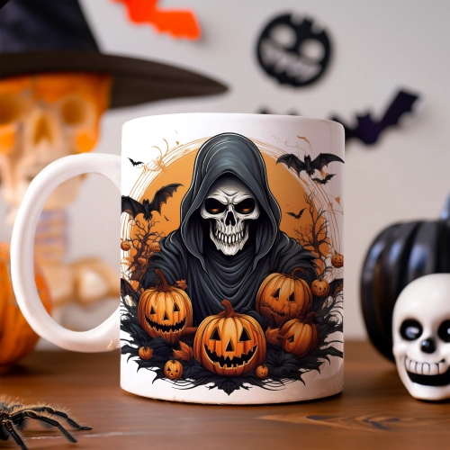 HALLOWEENOWY KUBEK 330ml NA HERBATĘ KAWĘ NA PREZENT ŚMIERĆ KOSTUCHA KOŚCIOTRUP ZOMBIE DYNIE NIETOPERZE