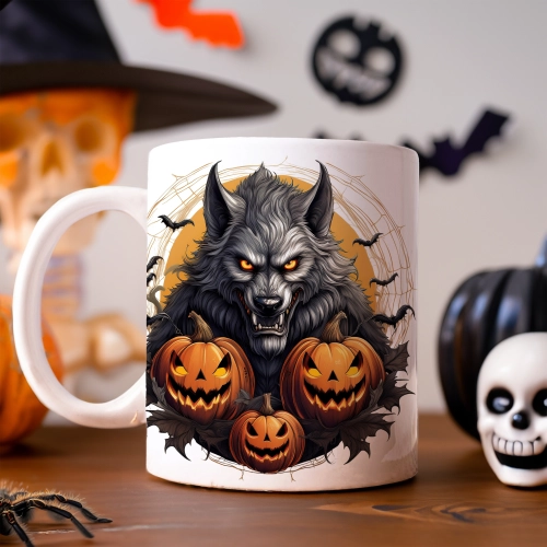 HALLOWEENOWY KUBEK 330ml NA HERBATĘ KAWĘ NA PREZENT WILKOŁAK DYNIE NIETOPERZE