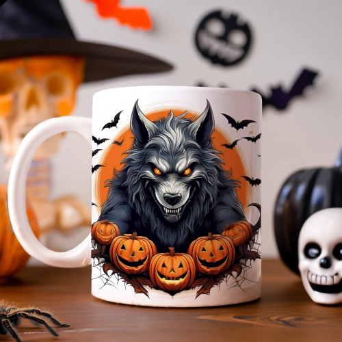 HALLOWEENOWY KUBEK 330ml NA HERBATĘ KAWĘ NA PREZENT WILKOŁAK DYNIE NIETOPERZE