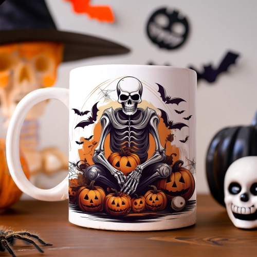 HALLOWEENOWY KUBEK 330ml NA HERBATĘ KAWĘ NA PREZENT KOŚCIOTRUP DYNIE NIETOPERZE