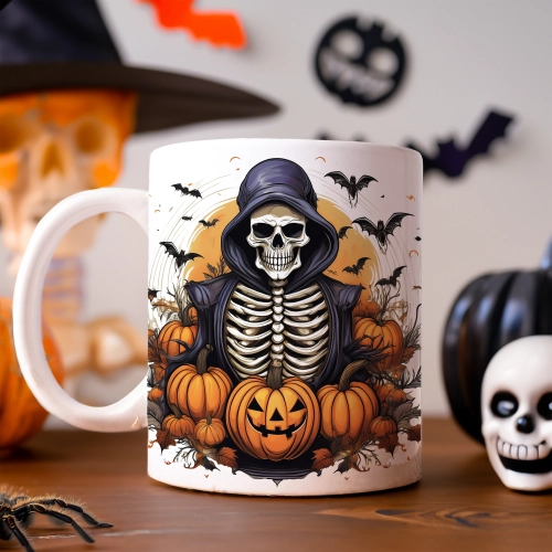 HALLOWEENOWY KUBEK 330ml NA HERBATĘ KAWĘ NA PREZENT KOŚCIOTRUP KOSTUCHA DYNIE NIETOPERZE