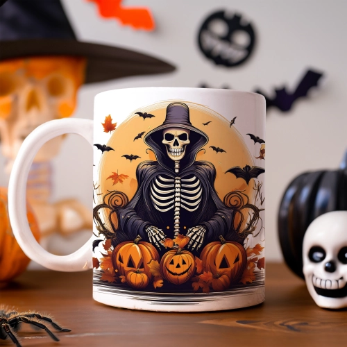 HALLOWEENOWY KUBEK 330ml NA HERBATĘ KAWĘ NA PREZENT KOŚCIOTRUP KOSTUCHA DYNIE NIETOPERZE