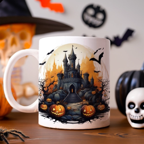 HALLOWEENOWY KUBEK 330ml NA HERBATĘ KAWĘ NA PREZENT STRASZNY DWÓR DOM ZAMEK