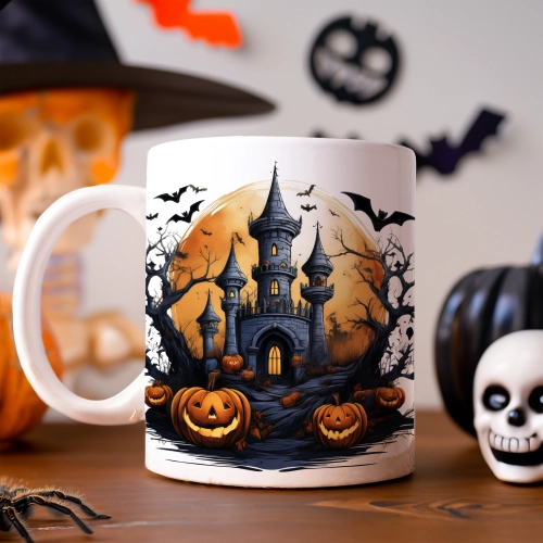 HALLOWEENOWY KUBEK 330ml NA HERBATĘ KAWĘ NA PREZENT STRASZNY DWÓR DOM ZAMEK