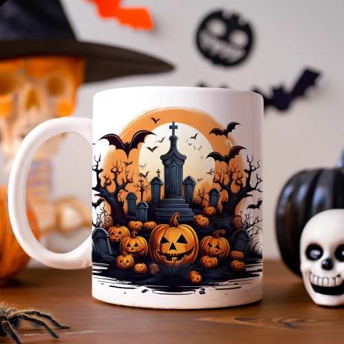 HALLOWEENOWY KUBEK 330ml NA HERBATĘ KAWĘ NA PREZENT CMENTARZ STRASZNY DWÓR DYNIE NIETOPERZE